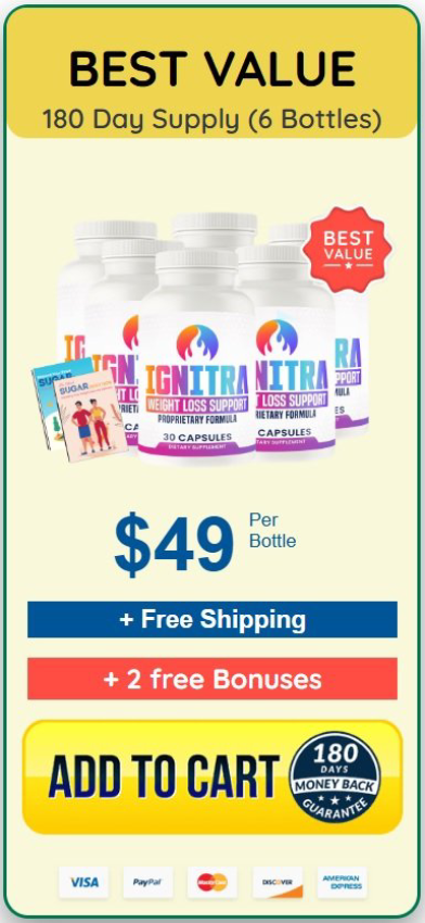 Ignitra 6 bottle bundle displayed as best value savings option with promotional discount and bonus offers included