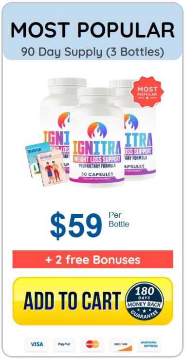 Ignitra 3 bottle package pricing plan showing most popular value option with discounted offer and free shipping included